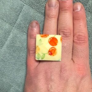 Vintage Plastic Ring, Cherries, White, Multifaceted, Retro, Boho, Size 7
